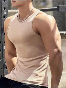 Men's American Style Ribbed Knit Tank Top - 卡其色 - 查看 1