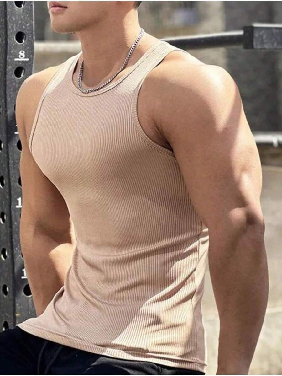 Men's American Style Ribbed Knit Tank Top - 卡其色 - 查看 1