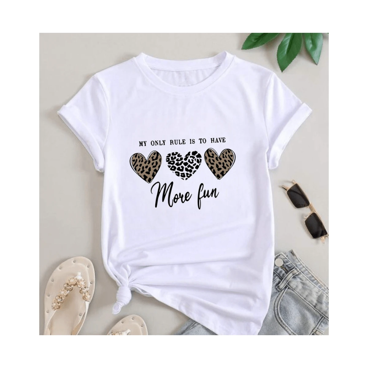 T-Shirt Shirt Blouse Women 100% Cotton With 3 Hearts Print More Fun Fashion Fashion - 白色 - 查看 1