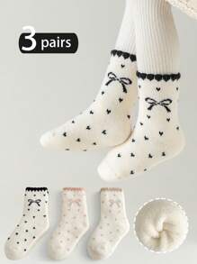 3 đôi tất cao đến đầu gối ấm áp dày có họa tiết nơ và trái tim cho trẻ em, phù hợp mặc thường ngày vào mùa thu/đông - Nhiều màu - Xem 1