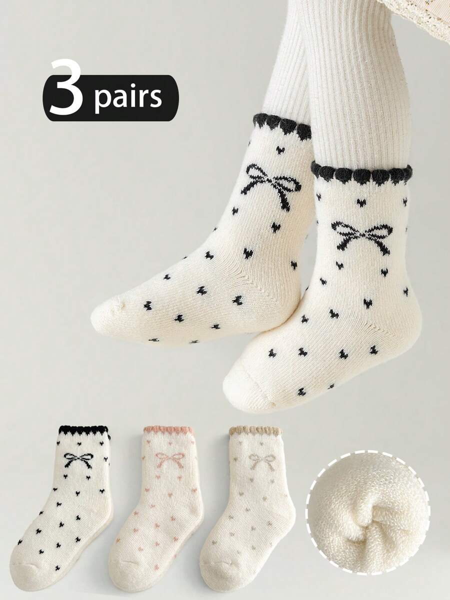 3 đôi tất cao đến đầu gối ấm áp dày có họa tiết nơ và trái tim cho trẻ em, phù hợp mặc thường ngày vào mùa thu/đông - Nhiều màu - Xem 1