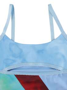 Vestido corto con corte en bloques de color para mujer: vestido informal de verano con tirantes finos, corte A y escote en U, estilo urbano moderno. - Azul - Ver 5