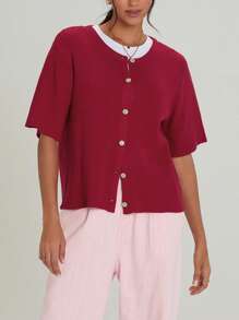 Women's Autumn Knit Cardigan Half Sleeve Round Neck Solid Color Button Up Knitwear - Red - View 3