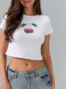 Women's Summer Fitted Crop Tops Short Sleeve Crewneck Solid Color/Pattern Print Cropped T-Shirt - Burgundy - View 6