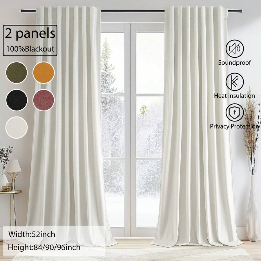 2 Panels Cream OliveGreen Velvet Curtains 100% Blackout Curtains For Living Room, Ring Clips/Back Tab/Track System/Hook Belt Thermal Insulated Noise Reducing Panels Soft Luxury Window Christmas Decor For Bedroom - 50*96 - Xem 1