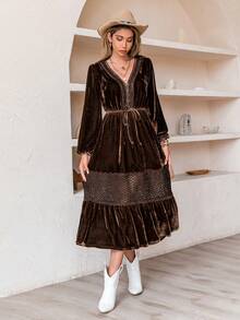 Rusttydustty Boho Czekoladowo-brązowy aksamitny ciepły dekolt w serek z długim rękawem Elegancka sukienka damska