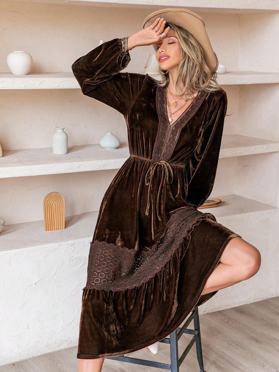 Rusttydustty Boho Czekoladowo-brązowy aksamitny ciepły dekolt w serek z długim rękawem Elegancka sukienka damska