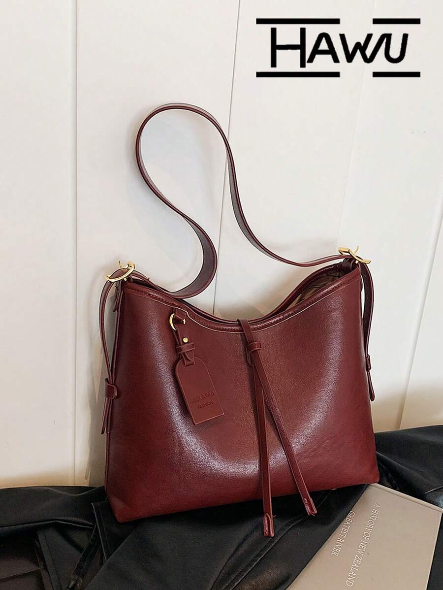 1pc Wine Red Shoulder Tote Bag, Large Capacity For Daily Commute - Burgundy - View 1