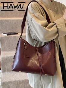 1pc Wine Red Shoulder Tote Bag, Large Capacity For Daily Commute - Burgundy - View 4