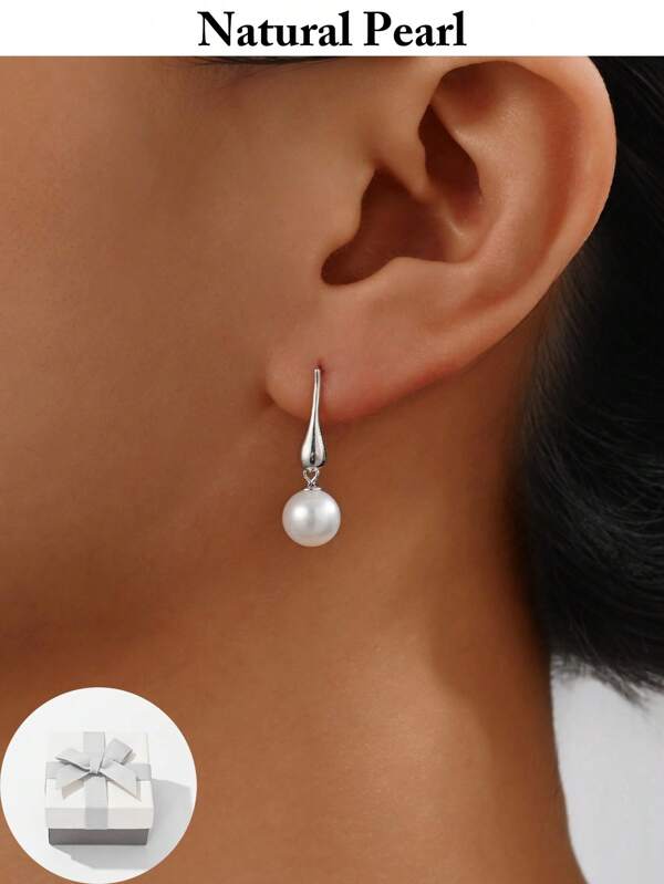 1 Paar modisch-elegante Damen-Ohrringe aus natürlichen runden Süßwasserperlen, 925er Sterling-Silber, tropfenförmig, leichte Plate, baumelnde Ohrringe, französisch romantischer, einfacher, schöner und charmanter Schmuck, geeignet für Damen, Mädchen, Geschenke, Alltagstragen, Partys, Dates, Urlaub, Hochzeit