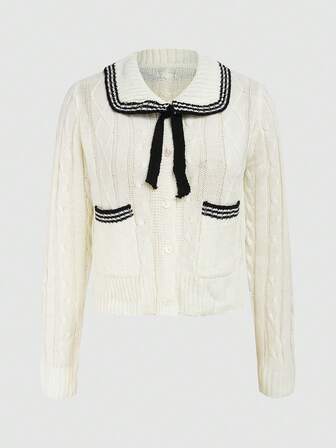 女士休闲学院风撞色条纹翻领系带纽扣开衫