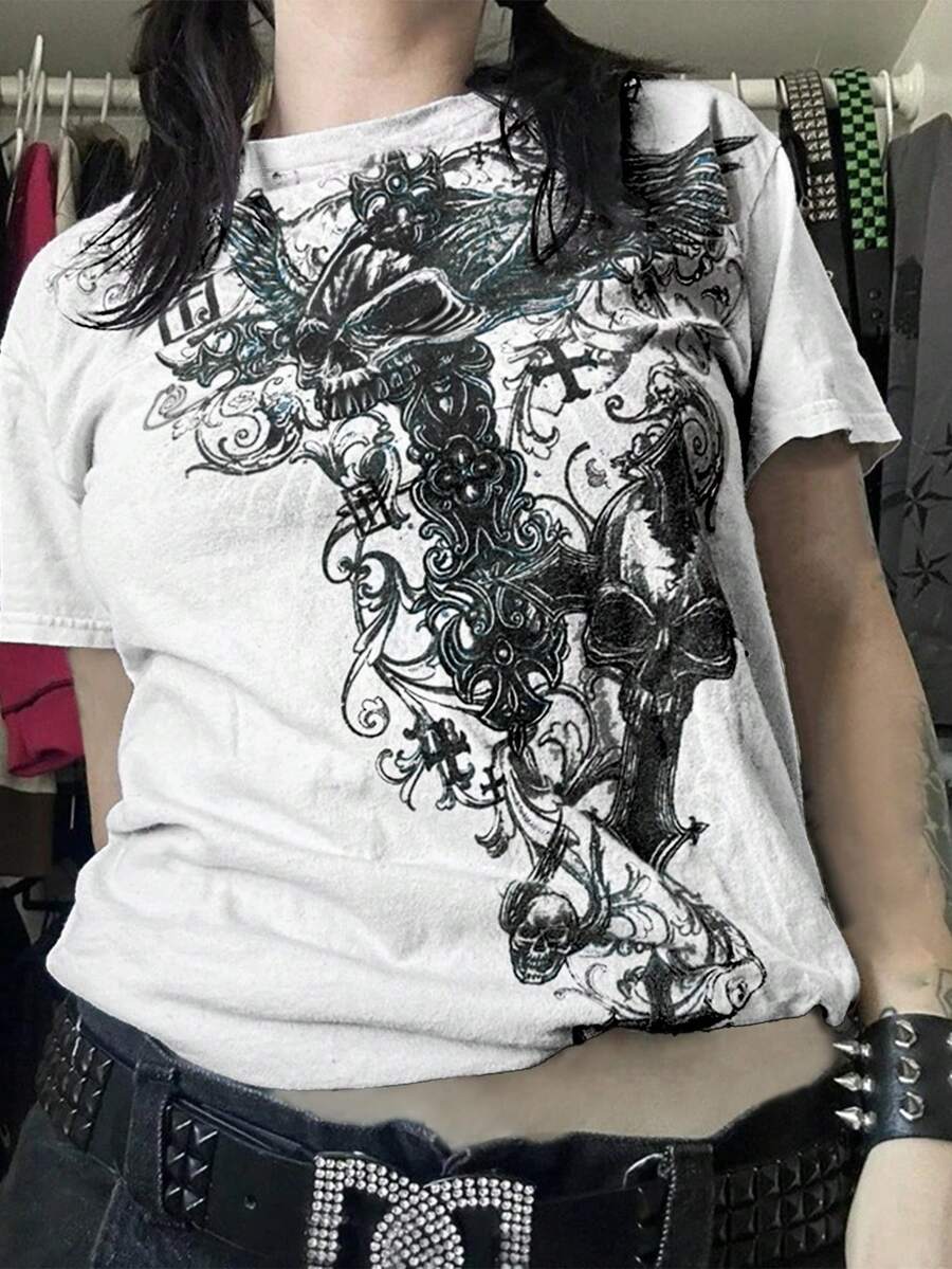 女士街头 Y2K 哥特风印花圆领短袖 T 恤上衣休闲度假白色夏季 - 白色 - 查看 1
