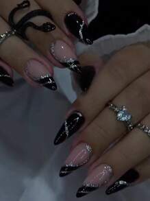 Bộ 24 móng tay giả hình trái tim đen trơn, sọc bột bạc và hình quả hạnh nhân + Gel móng tay + Dũa móng tay - màu đen - Xem 1