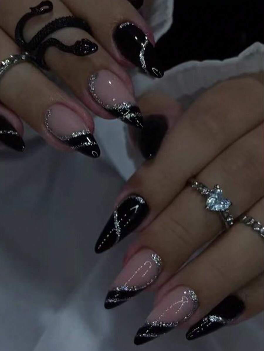 Bộ 24 móng tay giả hình trái tim đen trơn, sọc bột bạc và hình quả hạnh nhân + Gel móng tay + Dũa móng tay - màu đen - Xem 1