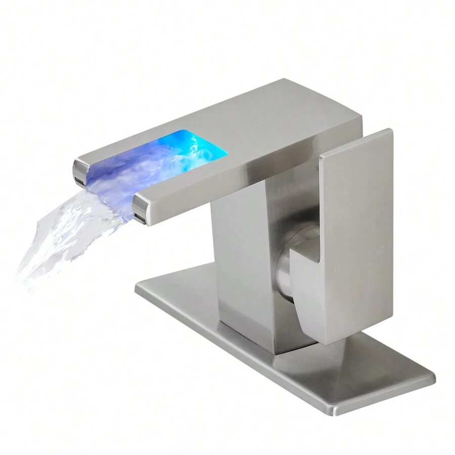 Bathroom Sink Faucet LED Light 3 Colors Changing Waterfall Glass Spout