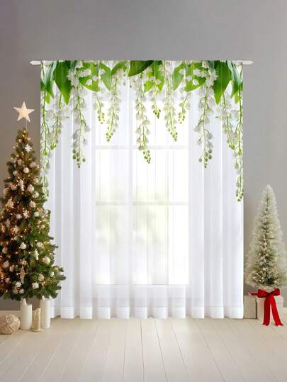 1 Stück Weihnachtskugel & Elementmuster Premium Dekorative Vorhangstange Schlaufenvorhang, Ganzjährig verwendbar, geeignet für Außen, Pavillon, Schlafzimmer, Küche, Büro, Arbeitszimmer, Wohnzimmer - Halbtransparent