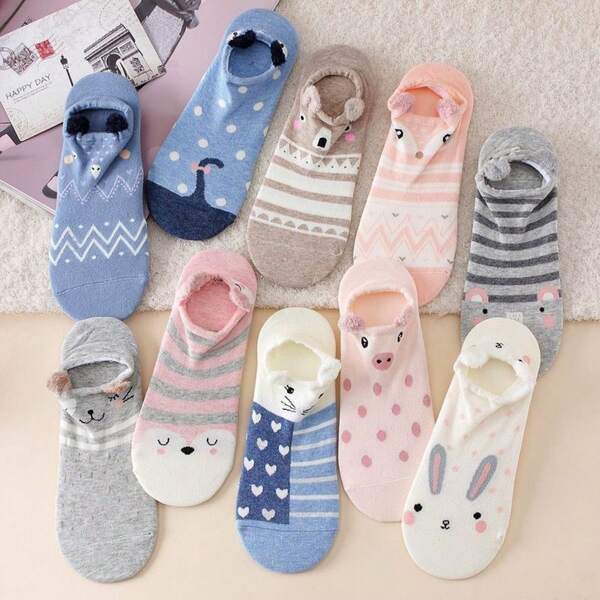 kit 6 Pares Meia Sapatilha Cano Curto Bichinhos Animais Femininas Com Orelhinha