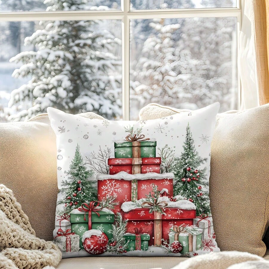 1 vỏ gối họa tiết cây thông Noel và quà tặng Giáng sinh màu nước, in một mặt, vải nhung mềm, 45*45CM/18*18inch, thích hợp cho ghế sofa hiện đại trong phòng khách, trang trí tiệc, quà tặng - Nhiều màu - Xem 1