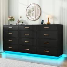 12 Drawers Dresser W/Power Outlet,60000-Colors Lights,63In Long Dresser Chest For Bedroom,Wooden Tall Large Capacity Clothing Storage Cabinet For Living Room,Entryway,Hallway - 美規B型插(110-127V) - 查看 4
