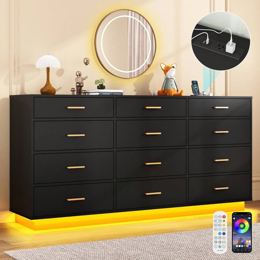 12 Drawers Dresser W/Power Outlet,60000-Colors Lights,63In Long Dresser Chest For Bedroom,Wooden Tall Large Capacity Clothing Storage Cabinet For Living Room,Entryway,Hallway - 美規B型插(110-127V) - 查看 1