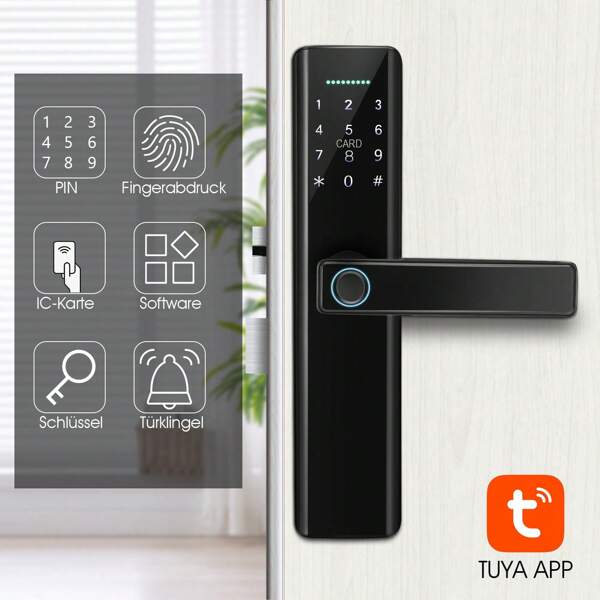OYAJIA Tuya Smart Fingerabdruck-Türschloss Tastaturschloss mit Griff, Fingerabdruck, elektronisches Riegelschloss, intelligentes Türschloss, Fingerabdruck/Karte/Schlüssel/Code-Entriegelung