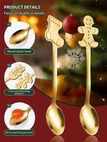 4 件套不锈钢圣诞主题迷你勺子套装 - 圣诞节假期图案勺子，适用于咖啡、纸杯蛋糕和甜点，配有精美礼品盒，非常适合圣诞节 - 彩色 - 查看 6