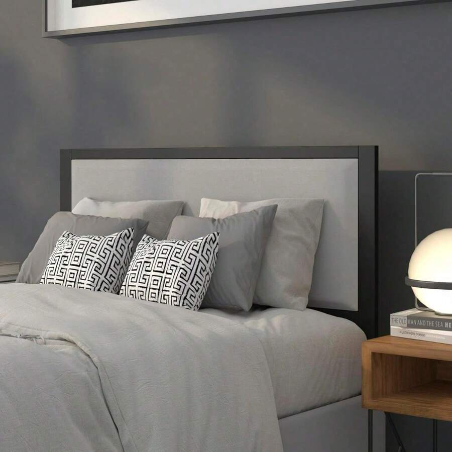 Full Size Light Gray Fabric Upholstered Panel Headboard With Metal