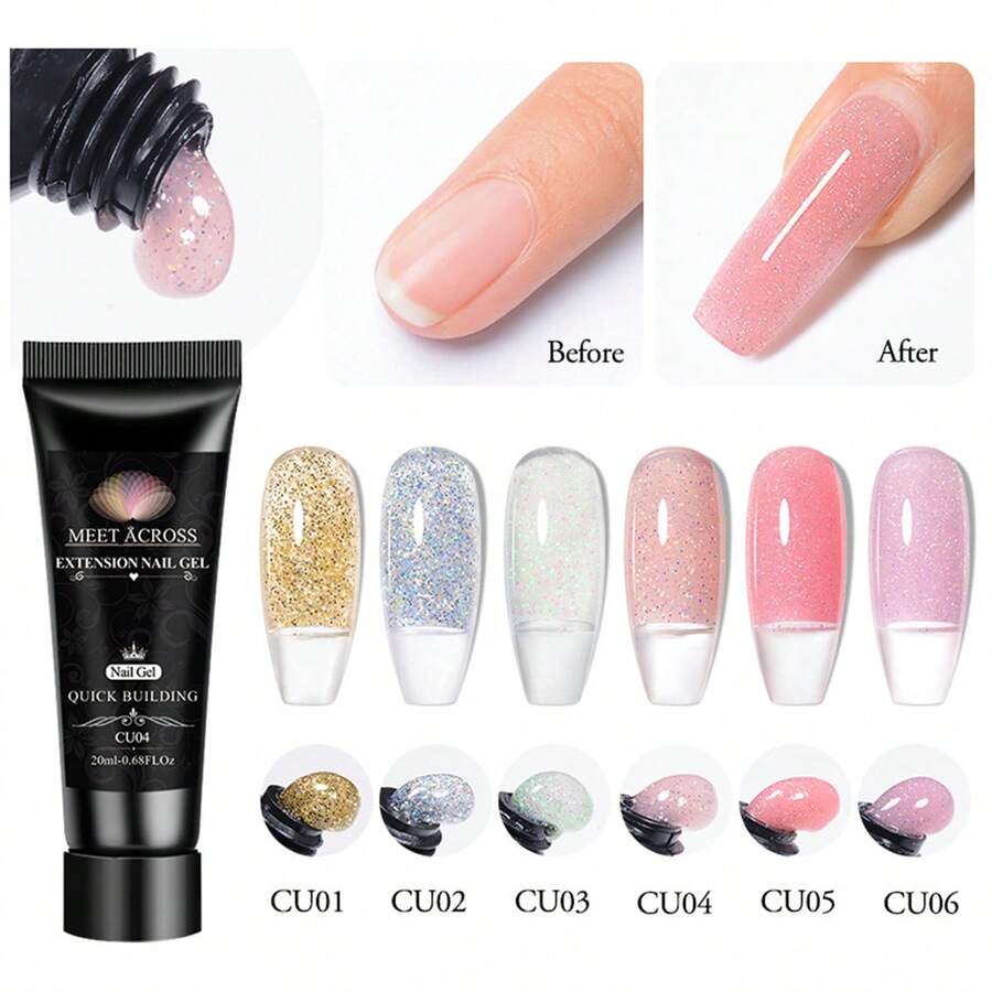 MEET ACROSS 1/6 Bộ dụng cụ nối móng bằng gel poly lấp lánh - 6 màu, 20ml Gel làm móng nhanh, lâu trôi và dễ sử dụng cho móng tay, Gel làm móng nhanh, hoàn hảo cho người mới bắt đầu, Nghệ thuật làm móng tay DIY tại tiệm làm móng tại nhà Quà tặng cho phụ nữ