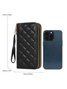 经典大容量拉链手拿包 带 8 个卡槽和多个隔层 优雅格子刺绣圣诞礼物感恩节复古礼物女士钱包钱包长款钱包腕带钱包 - 黑色 - 查看 4