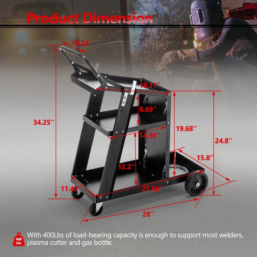 Welding Cart, 3Tier Welder Cart Heavy Duty With 400Lbs Static Weight