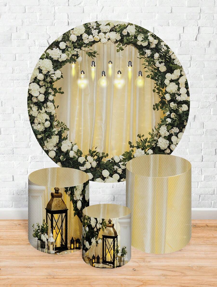 Round Panel Cover Kit + Sublimated Cylinder Cover Trio Party And Birthday Decoration Children's Theme White Flowers Wedding - 查看 1