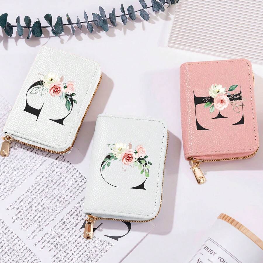 Ví đựng thẻ in chữ hoa nhỏ gọn & sang trọng - Da giả, Khóa kéo, Nhiều ngăn đựng thẻ và Ví đựng tiền xu - Hoàn hảo cho mục đích sử dụng hàng ngày, Sức chứa lớn và thanh lịch, Thiết kế tinh tế, Quà tặng cho phụ nữ - Hồng - Xem 1