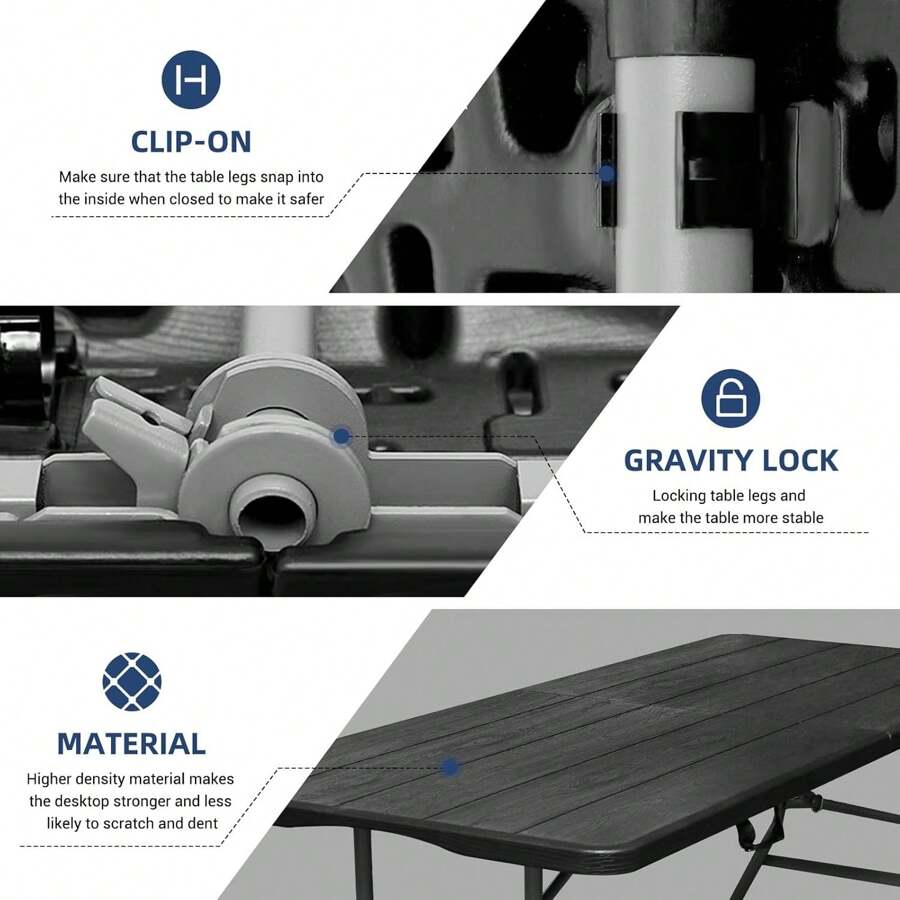 Folding Table 6ft Heavy Duty HDPE Black Plastic Portable Table FoldIn