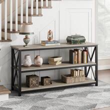 Farmhouse Console Table, 55.1" Entryway Table With Storage, 3 Tier Sofa Table With Metal Frame, Behind Couch Table For Living Room, Hallway, Entryway - Grey - View 4