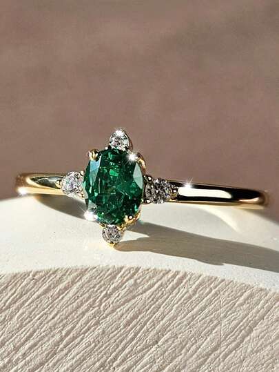 1pc Fashionable New Gold-Plated Inlaid Emerald Green Zirconia Ring, Engagement Jewelry Accessory Suitable For Men And Women, Gift For Family/Friends/Lover