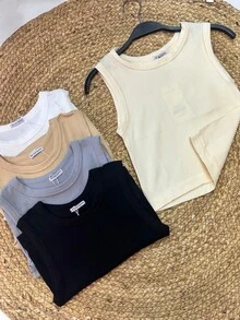 Ribbed Polyamide Tank Top F-3062 - Màu be - Xem 2
