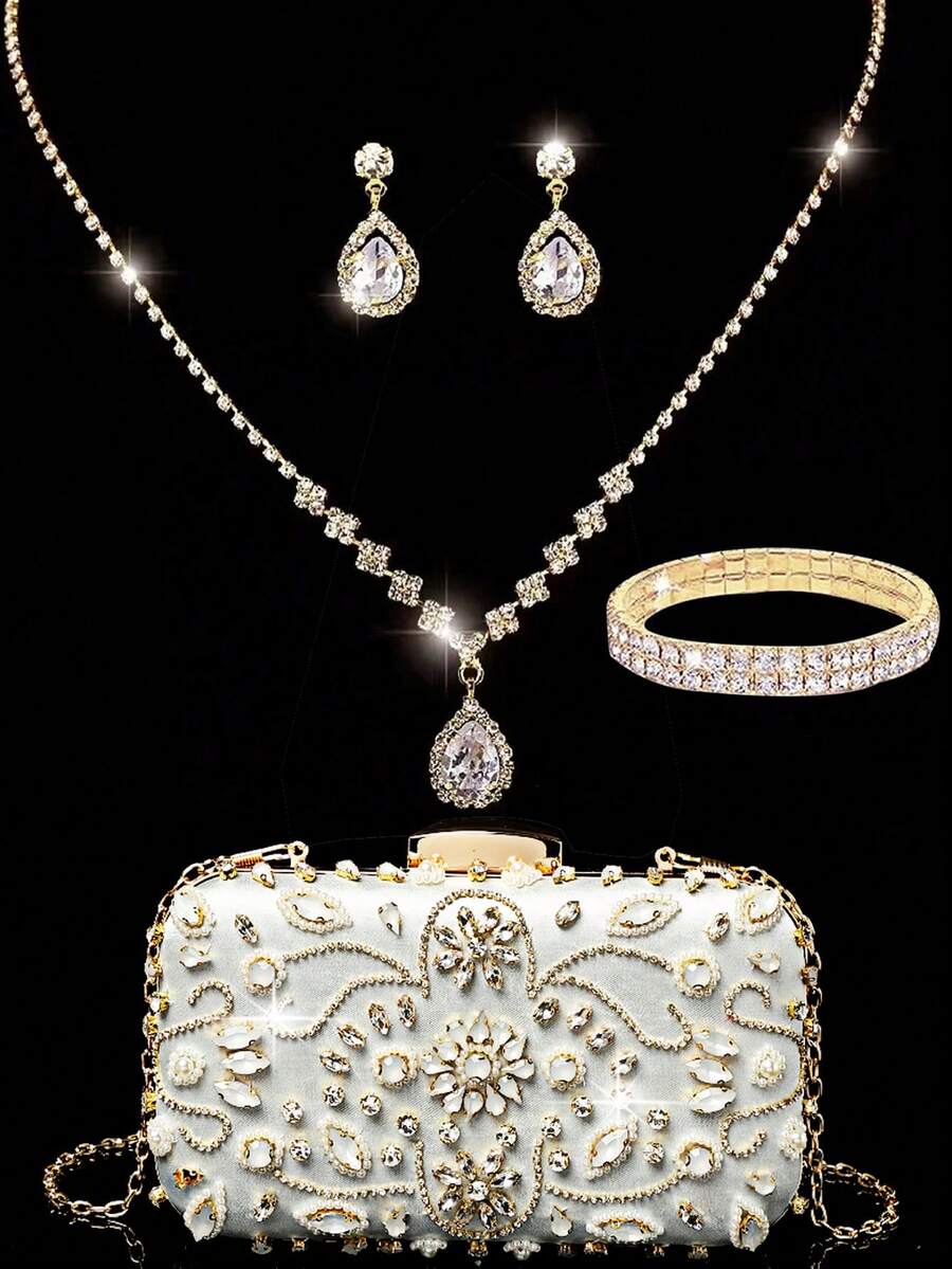 LETODE Bộ trang sức đính đá Rhinestone 4 món, vòng cổ, hoa tai, vòng tay, bộ trang phục dạ hội cho nữ, bộ túi xách cầm tay đính đá Rhinestone, ví dự tiệc, túi xách dự tiệc thời trang thanh lịch mới, túi xách cầm tay cho quý cô, túi đeo chéo bằng kim loại, túi dự tiệc cưới dành cho quý cô và các bé gái - Bạc - Xem 1
