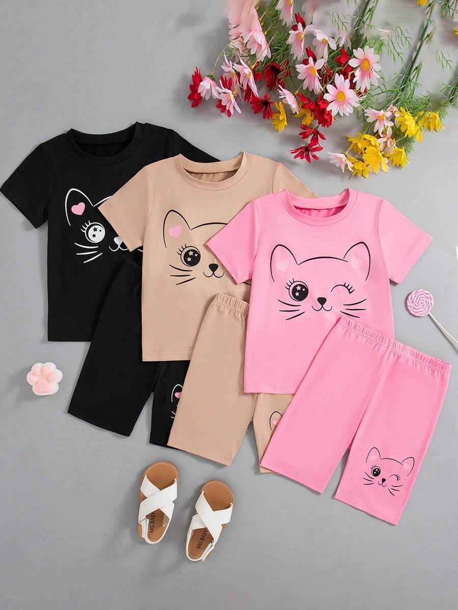 3 件套年轻女孩卡通猫印花纯色圆领短袖 T 恤和短裤夏季服装 - 玫紅色 - 查看 1