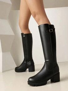 Women's Fashion Black PU Leather Boots, Solid Color Casual Over-The-Knee Boots, Comfortable Mid-Calf Boots, Retro Rider Boots, Platform Thick Heel Long Boots, Buckle Decor Versatile Mid-Heel Women Boots, Side Zipper Leather Boots, Square Toe Women Shoes - Black - View 3