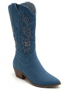Bottes Western à Talon épais Et Bout Pointu Avec Tige Haute Et Motifs Brodés – Style Cowboy Chic - Navy Blue - View 5