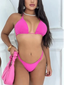 Sexy Neon Pink Push-Up Bikini With Low-Cut Thong And Tie-Up Top, Summer Beachwear, Blogger Style, Polyamide Fabric, Comfortable And Adjustable, Instagrammable Look - Hồng neon - Xem 2