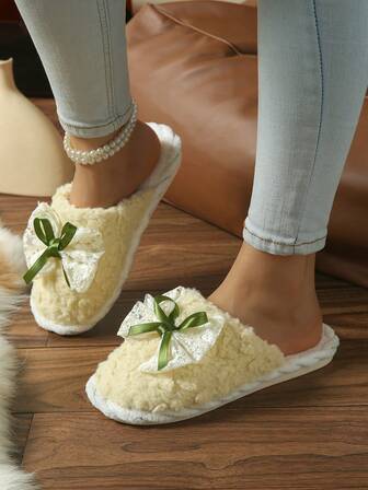 甜美风格蕾丝花边蝴蝶结休闲新款居家室内舒适女士毛毛拖鞋