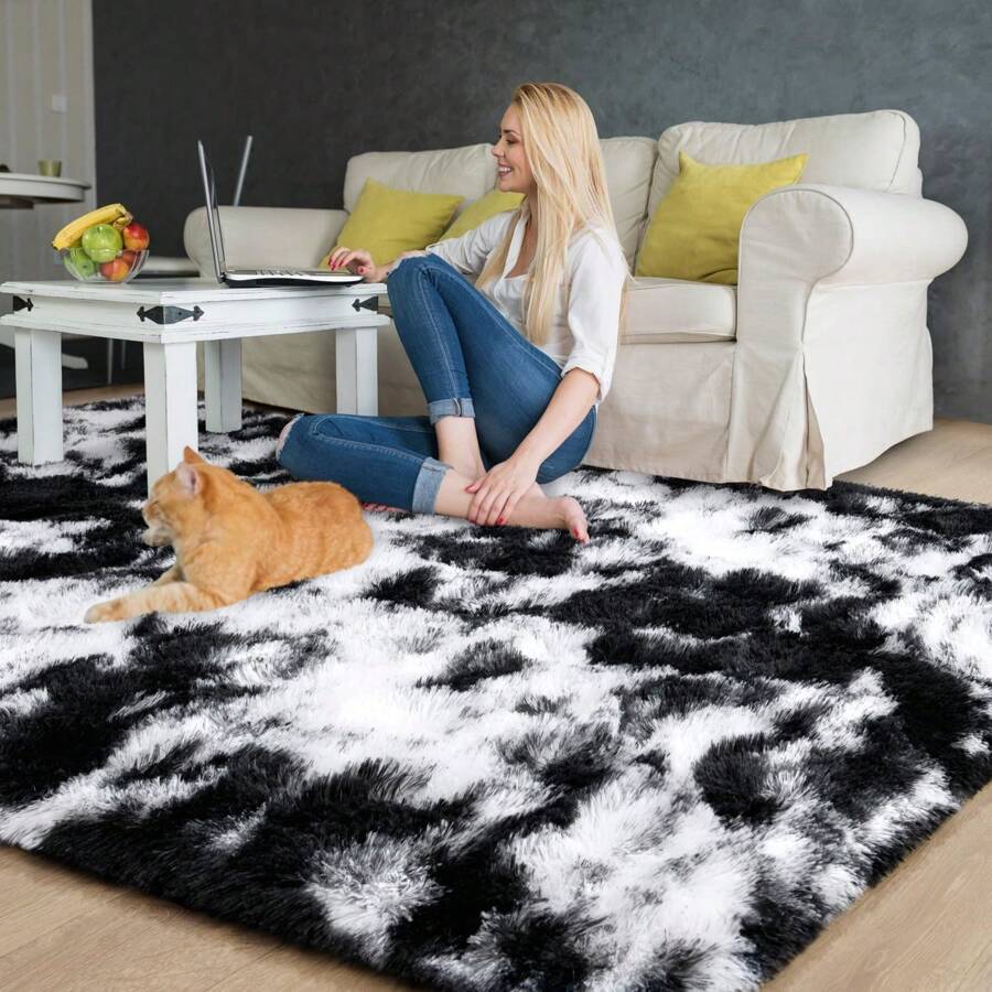 Fluffy Modern Area Rugs For Living Room Bedroom,Plush High Pile Purple Rug For Kids Girls Room Nursery Home Decor, Upgrade Non-Slip Girls Bedroom Soft Indoor Rug - Tie-dye black and white - View 1