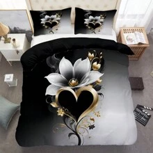 3 件套柔软舒适的心形花朵图案印花羽绒被套装（1 *羽绒被套 + 2 *枕套，不含芯），柔软、舒适、温馨的床上用品，适用于卧室和客房，非常适合家庭和宿舍装饰，防过敏，易于护理，适合所有季节