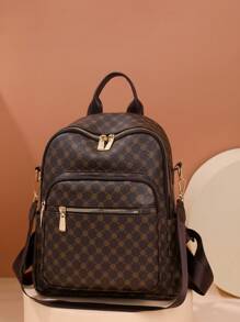 Balo nữ cổ điển, Túi đeo vai học sinh đa năng bằng da PU kẻ caro thời trang mới, Túi du lịch - màu nâu - Xem 4