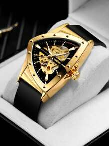 T-WINNER 1枚男士金色镂空自动机械表，夜光指针，橡胶表带，时尚商务男士腕表礼品 - 金色 - 查看 3
