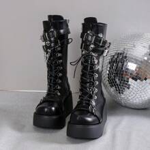 Damskie buty do biegania w stylu punkowym jesień/zima 2025, grube, okrągłe, z bocznym zamkiem błyskawicznym i grubym dnem, czarne, regulowane, płaskie buty z klamrą, damskie wysokiej klasy, do pracy na świeżym powietrzu, lekkie, antypoślizgowe, za kolano