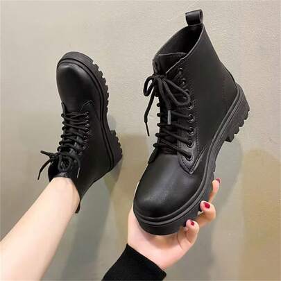 Ideal With Sweatpants , Women's Lace-Up Boots Ankle Boots, British Style Thick Sole Short Boots, Motorcycle Leather Boots Mid-Calf Boots, Comfortable Outdoor