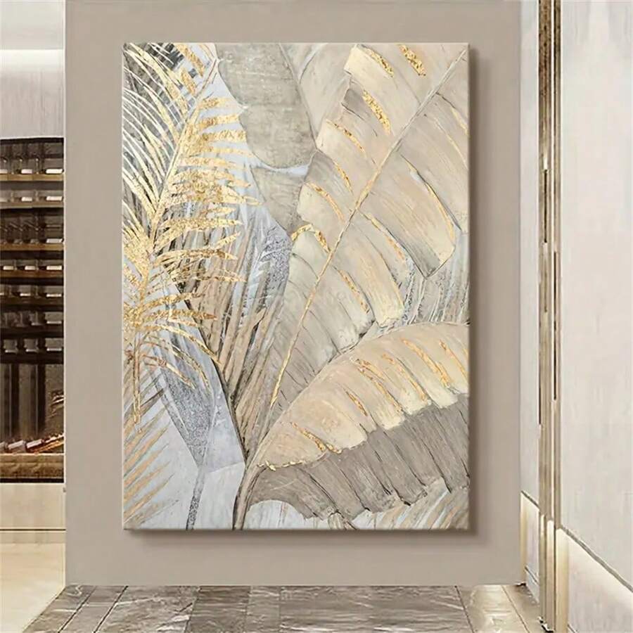 1幅带框/不带框金色香蕉叶帆布画 - 现代抽象墙饰,适用于客厅、餐厅和门厅,也适合万圣节、圣诞节和新年装饰 - 彩色 - 查看 1