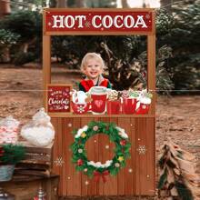Vansolinne Hot Cocoa Stand Christmas Photo Props Winter Hot Chocolate Shop Decorations Big Head Cutout Fabric Selfie Frame For Christmas Holiday Birthday Party Supplies Photo Booth Frame